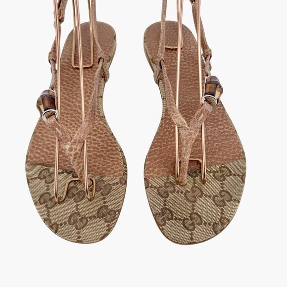 Gucci Bamboo GG Flat Thong Sandals Size 36 US 6 Beige Monogram Canvas Flop Flop - Picture 4 of 13